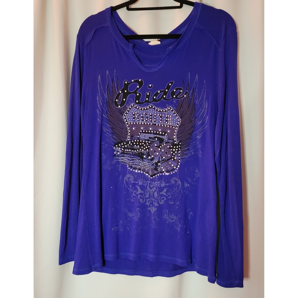 Liberty Wear Route 66 Womens XL Royal Blue Rhinestone Long Sleeve Biker Top